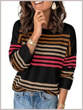 Women's Striped Oversized Crewneck Long Sleeve Pullover Sweater Knit Top
